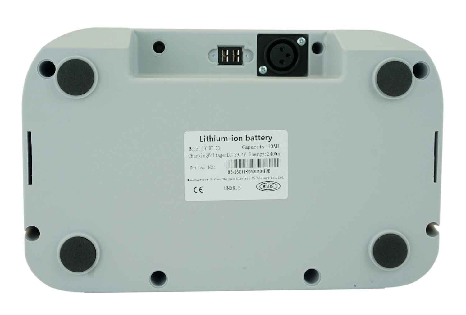 Robooter X40 replacement battery, underside showing its connector and label